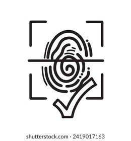 Ilustración de icono del vector de exploración de huellas dactilares correcta aislada en fondo blanco cuadrado. Sencillo dibujo de dibujos animados planos monocromáticos en blanco y negro. Protección de identificación biométrica.