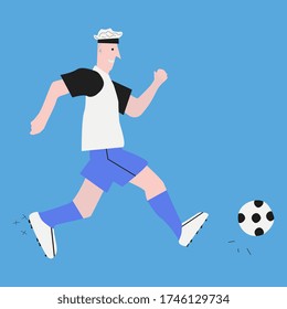 Successful football player runs after the ball, hits it. Banner. Photo on a t-shirt.