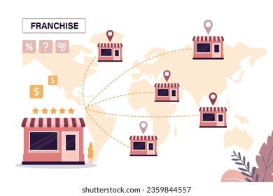 Successful franchise business model. Global business expansion, open company branches, franchise in new location to cover all continents, growing business worldwide concept. flat vector illustration