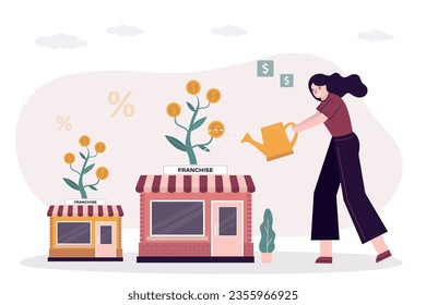 Successful franchise business with money tree. Businesswoman watering and development profitable network business, successful model. Franchising shop building. Selling buying new business. flat vector