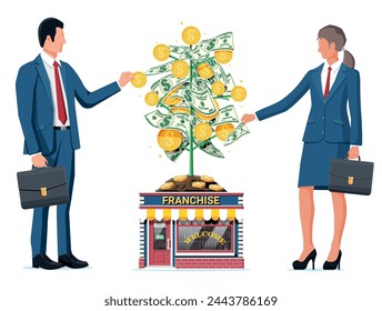 Successful franchise business with money tree. Franchising shop building or commercial property and people. Real estate business promotional, sme. Selling buying new business. Flat vector illustration