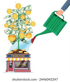 Successful franchise business with money tree. Franchising shop building or commercial property and people. Real estate business promotional, sme. Selling buying new business. Flat vector illustration