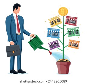 Successful franchise business with money tree. Franchising shop building or commercial property and people. Real estate business promotional, sme. Selling buying new business. Flat vector illustration