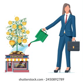 Successful franchise business with money tree. Franchising shop building or commercial property and people. Real estate business promotional, sme. Selling buying new business. Flat vector illustration