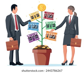 Successful franchise money tree and business people. Franchising shop building or commercial property. Real estate business promotional, sme. Selling buying new business. Flat vector illustration