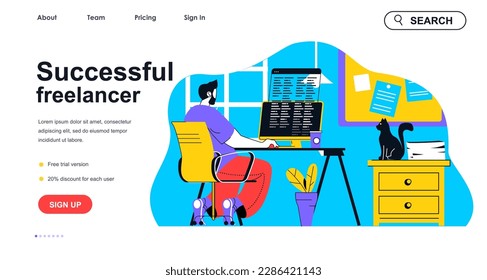 Successful freelancer concept for landing page template. Man developer works on computer on project online, earning profit, people scene. Vector illustration with flat character design for web banner