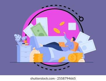 Successful freelancer on sofa with laptop and money bags flat vector illustration. Cartoon character working at home and earning salary. Freelance and distance work concept