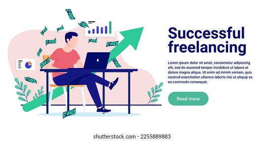 Successful freelancing - Freelancer person sitting at desk making money on profitable online business. Flat design vector illustration with white background and copy space for text