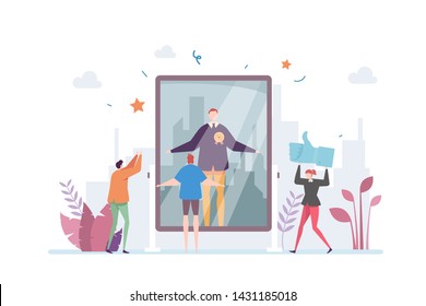 Successful Future Career Vector Illustration Concept Showing a confidence man reflection visioning success on a mirror, Suitable for landing page, ui, web, app intro card, editorial, flyer, and banner