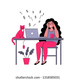 Successful girl freelancer works at home. Vector illustration in flat style
