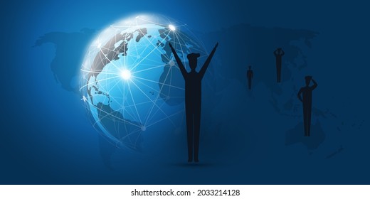 Successful Global Business Management Concept Design with Earth Globe, Network Mesh and Businessmen, Vector Illustration