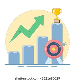 Conceito de meta bem-sucedida. Gráfico com Arrow Cup e Target. Meta alcançada. Ideia de negócio bem sucedida. Motivação para promover a realização de objetivos. Design de Ilustração de Vetor.