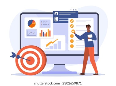 Successful goal concept. Man stands near target next to computer screen and graphs. Analyst doing market research. Estimation of expenses and income. Cartoon flat vector illustration