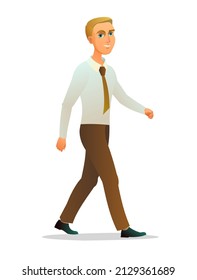 El éxito va. Vista lateral. Hombre con camisa y corbata. Figura masculina. Chico de personaje alegre. Caricatura graciosa ilustración de estilo. Aislado sobre fondo blanco. Vector.