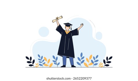 Successful Graduate Celebrating Achievement Holding Diploma and Wearing Cap and Gown with Abstract Background and Plants