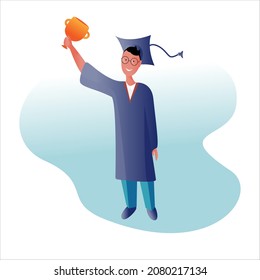 A Successful Graduate Stands With A Cup. Celebrating Graduation. The Concept Of Successful Learning, High School, Academic Education. Vector Illustration.