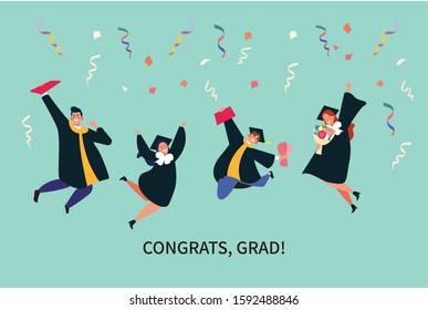 Successful graduates in academic dresses are holding diplomas, flower bouquet, smiling while jumping with a background of scattered confetti