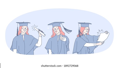 Successful graduation from university concept. Young smiling happy girl student college graduate in mantle and bonet standing and holding diploma certificate in hands celebrating graduation 