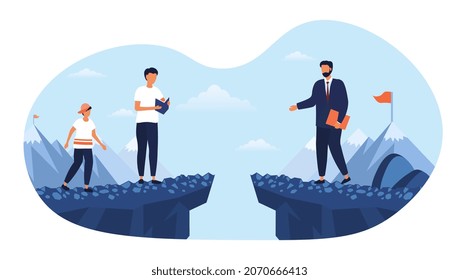 Successful growing up. Businessman teaches others about entrepreneurship. Leader leads. Successful person. Man stands on second side above abyss. Teacher, gap. Cartoon flat vector illustration