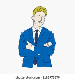 Successful handsome man in a suit with arms crossed. Concept portrait of a businessman. Vector illustration.