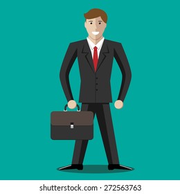 Successful handsome young businessman character holding briefcase. Business, success concept. EPS 10 vector illustration, no transparency