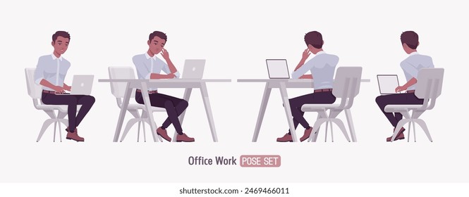 Successful handsome young man set laptop work desk pose. Positive confident dark skin professional business man startup leader, entrepreneur, corporate project owner formal wear. Vector illustration