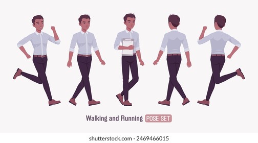 Exitoso joven apuesto set run, caminar pose. Positivo seguro de piel oscura profesional hombre de negocios líder de inicio, empresario, propietario de proyecto corporativo, ropa formal, camisa. Ilustración vectorial