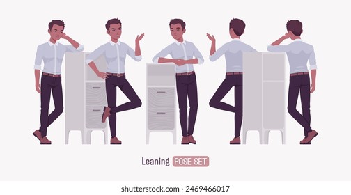 Exitoso joven guapo puesto de pie delgado pose. Positivo seguro de piel oscura profesional hombre de negocios líder de inicio, empresario, propietario de proyecto corporativo, ropa formal, camisa. Ilustración vectorial