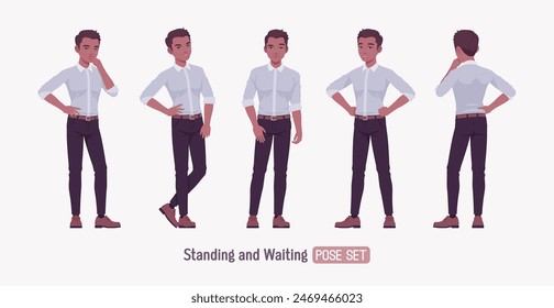 Exitoso joven guapo puesto de pie pose. Positivo seguro de piel oscura profesional hombre de negocios líder de inicio, empresario, propietario de proyecto corporativo en ropa formal, camisa. Ilustración vectorial