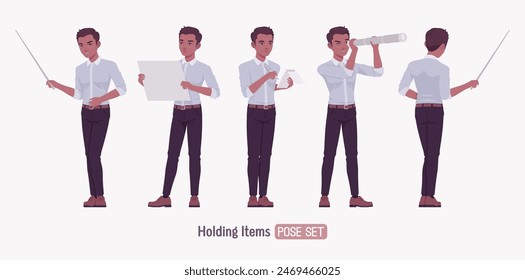 Exitoso joven guapo establecido líder entrenador mentor hablar pose. Positivo seguro de piel oscura hombre de negocios líder de inicio, empresario, propietario de proyecto corporativo en ropa formal. Ilustración vectorial