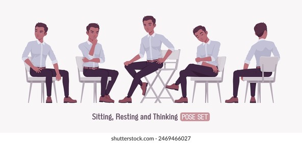 Exitoso joven guapo sentado silla pose. Positivo seguro de piel oscura profesional hombre de negocios líder de inicio, empresario, propietario de proyecto corporativo, ropa formal, camisa. Ilustración vectorial