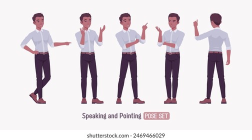 Exitoso joven guapo conjunto entrenador altavoz pose. Positivo seguro de piel oscura profesional hombre de negocios líder de inicio, empresario, propietario de proyecto corporativo en ropa formal. Ilustración vectorial