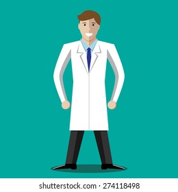 Successful handsome young scientist character standing. Science, invention, innovation, education concept. EPS 10 vector illustration, no transparency