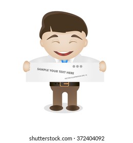 Successful happy business man with creative white paper banner. Vector illustration. Can use for card, icon, banner, label, logo.