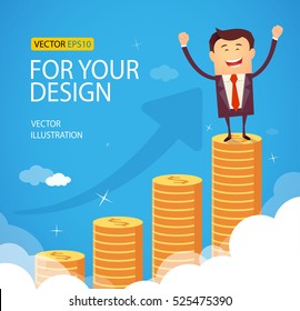 Successful happy business man standing on huge growth money stairs in sky. Success financial rich concept. Business concept cartoon vector illustration. Flat style