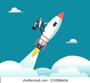 Successful happy businessman flying on rocket to goal. Leadership, start-up, growth and opportunity vector business cartoon concept. Successful and innovation professional leader illustration