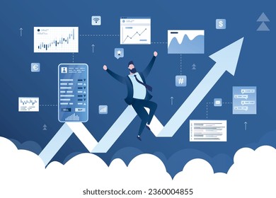 Successful happy businessman or investor sitting on growing profit chart. Growth of stock indices. Earnings in securities market and currency. Process of investing. Trading in mobile app. Flat Vector