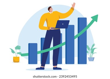 Successful happy businessman - Person standing in front of rising chart holding laptop computer and watching green arrow pointing up. Business growth and success concept in flat design vector