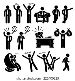 Successful Happy Businessman Poses Stick Figure Pictogram Icons