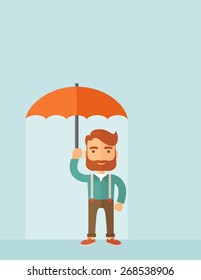A successful and happy businessman standing with umbrella for his protection. A contemporary style with pastel palette, soft blue tinted background. Vector flat design illustration. Vertical layout