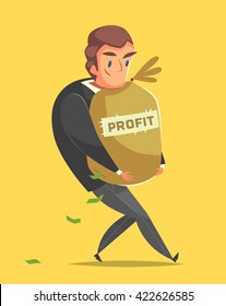 Successful, happy businessman in a suit. Successful businessman cartoon style character  carrying a bag full of money with word Profit on it. Yellow background. Vector illustration.