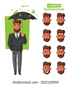 Successful, happy businessman in a suit with umbrella. Cartoon vector illustration