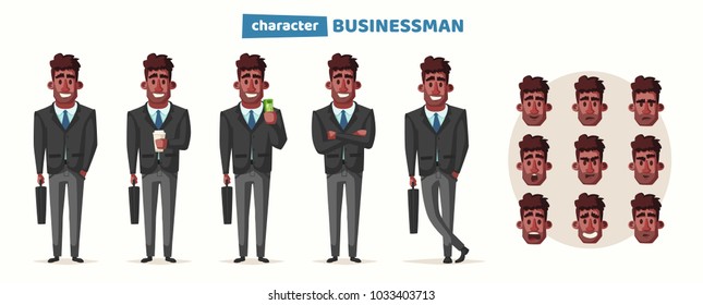 Successful, happy businessman in a suit with umbrella. Cartoon vector illustration