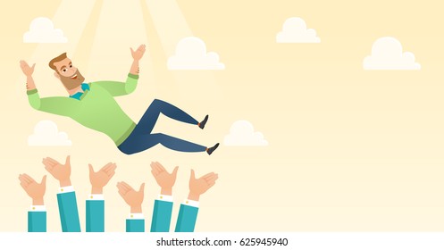 Successful happy caucasian businessman get thrown into the air by coworkers during celebration. Celebration of business success. Vector flat design illustration. Horizontal layout.
