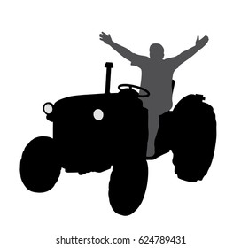 Successful happy farmer on tractor with hands up
