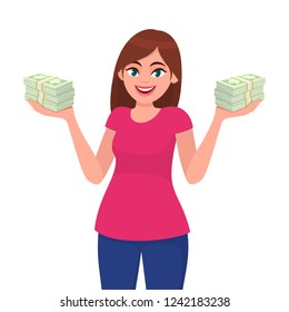 Successful happy young business woman holding cash / money / currency / banknote bundle in hands. Business and finance concept illustration in vector cartoon flat style.