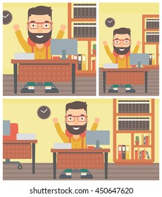Successful hipster business man celebrating with arms up while sitting at the table in office. Successful business concept. Vector flat design illustration. Square, horizontal, vertical layouts.