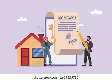 Successful Home Loan Approval: Securing a Mortgage Agreement with a House and Key, Representing Real Estate Financing and Property Ownership Dreams Realized.