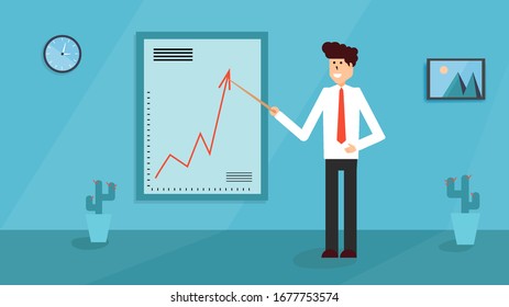 Successful human office worker working on showing a sliding chart of company stocks. Startup business leader concept of business development success leader. Flat vector illustration