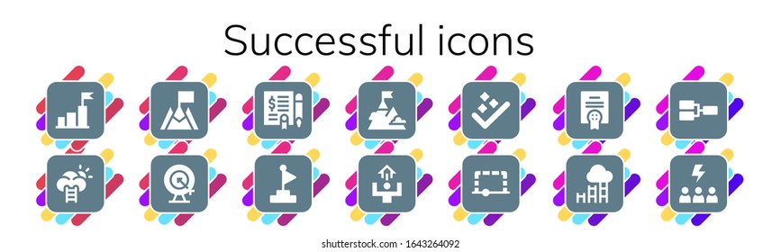 successful icon set. 14 filled successful icons.  Simple modern icons such as: Goal, Success, Agreement, Motivation, Competition